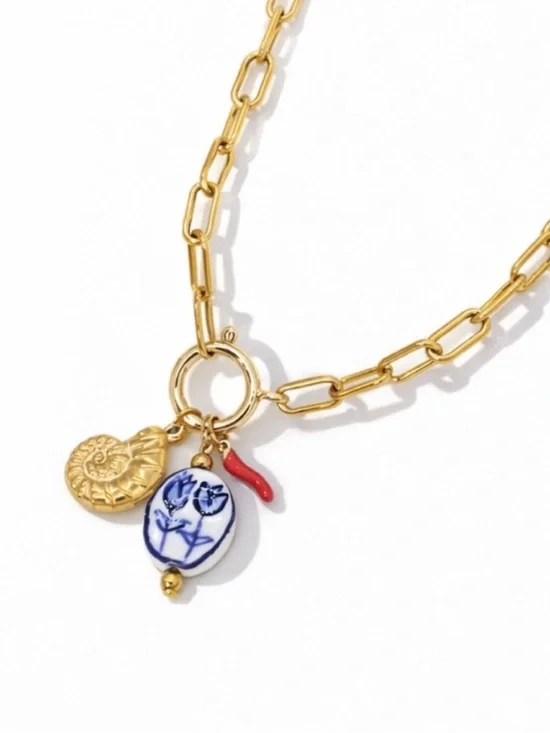 New! Blue Oil Drip Porcelain Charm Gold Paperclip Chain Necklace (1056) NWOT - Picture 2 of 3